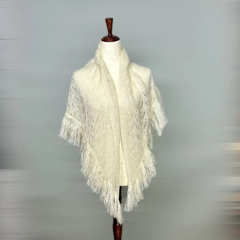 Vintage Desco Cream Scarf Shawl Triangular with Fringes Japan  Acrylic Boho